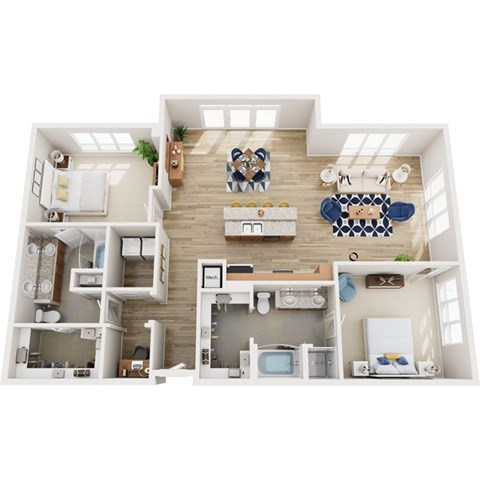 Floor plan for 2 beds, 2 baths, 1672 sqft